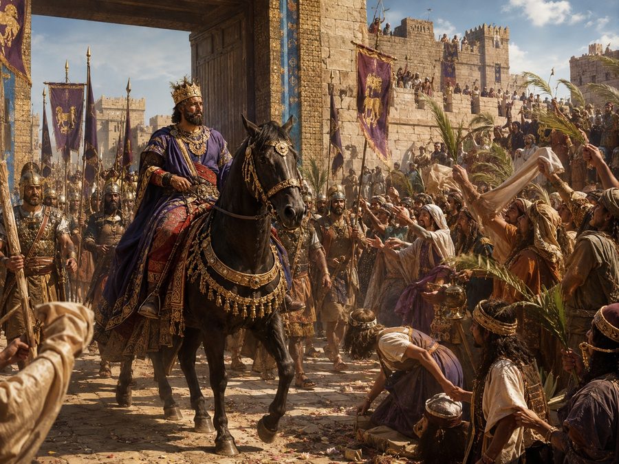 A crowned king riding through a city gate as the crowd welcomes him with palm branches